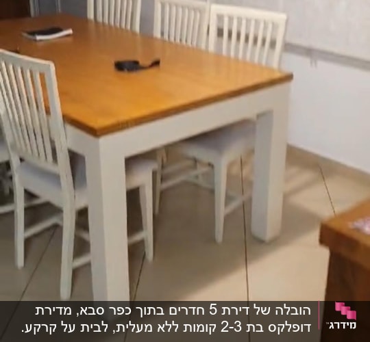שולחן עץ עם כיסאות לבנים בחדר אוכל